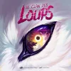 Illustration d'un œil de loup blanc avec reflet de deux loups hurlant au coucher de soleil, titre Le Clan des Loups.