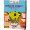 Boîte de jeu Le mystère des goûts, couleurs vives, illustrations enfantines, texte violet sur fond bleu.