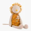 Lion géant en peluche beige avec crinière orange, salopette orange imprimée, petit lion en poche