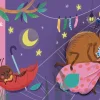 Illustration colorée d'une araignée endormie dans sa toile avec un parapluie rouge, des fleurs, chaussettes suspendues, lune 