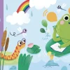 Illustration livre sonore Mes comptines de petites bêtes, grenouille sur nénuphar, serpent, fleurs et arc-en-ciel.