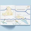 Pages ouvertes du livre Suis du doigt l'ours polaire avec illustrations ours blanc et poissons bleus.