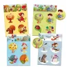 Quatre planches illustrant les saisons avec arbres, enfants et animaux colorés, Loto Djeco