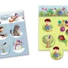 Plateaux et jetons ronds illustrant hiver avec luge, bonhomme de neige, phoque et printemps avec enfants arrosant fleurs et c