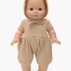 Poupon Louis Gordis 34 cm avec combinaison beige en tissu gaufré et capuche nouée