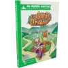 Livre-jeu Ma première aventure En quête du dragon avec trois personnages colorés sur fond de paysage vert.