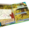 Pages ouvertes du jeu Ma première aventure Sur la piste du Dahu, illustrations colorées, dessin d'un dahu dans un carnet spir