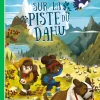 Couverture colorée Ma première aventure Sur la piste du Dahu, enfants randonneurs, chien, montagne, oiseau.