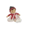 Poupée Emilie en tissu 25 cm, robe blanche à motifs rouges, gilet rouge, cheveux noirs.