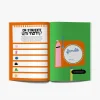 Pages ouvertes d'un livre orange et vert pour inventer un nom de famille, illustrations colorées.