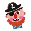 Visage pirate garçon magnétique rose avec chapeau noir, cache-œil, col rouge, rayures bleues