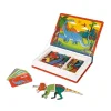 Magnéti'book Dinosaures Janod, boite aimantée ouverte, pièces dinosaures colorées et cartes.