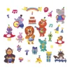 Personnages animaux colorés avec instruments, gâteau, cadeaux, chapeaux fête, Magnéti'stories Janod.