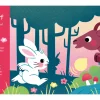 Page colorée Mes premiers sonores Mes comptines de jeux de doigts avec lapin blanc et cerf brun dans forêt.