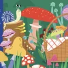 Illustration colorée avec champignons variés, panier et escargot souriant, texte comptine forêt.