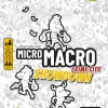Illustration en noir et blanc avec personnages animaux en fuite, sacs d'argent, texte Micro Macro Showdown.