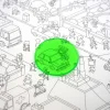 Lentille verte circulaire sur dessin noir et blanc d'une ville animée Micro Macro Kids.