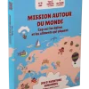 Boîte bleue jeu Mission autour du monde, cartes décorées d’épices et personnages cartoon