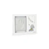Cadre blanc Kaloo avec empreinte main bébé, photo décor plume et lapin gris dort