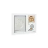 Cadre blanc Kaloo avec empreinte de main en plâtre et photo bébé, dessin lapin gris