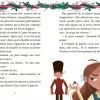 Texte illustré avec guirlande de houx et souris en haut, fille aux cheveux bruns tenant une noix, et personnage Casse-Noisett