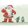 Père Noël en costume rouge tenant lettres avec deux elfes verts apportant un courrier