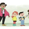 Quatre enfants souriants en vêtements colorés, illustration du roman de l'avent.