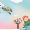 Fille rousse assise sur marches, enfant sur renne volant, arbres hiver, ciel clair