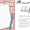 Pages intérieures illustrées avec cahier, stylo bleu, gommettes et texte "L'idée de Constance