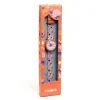 Montre fleur Ticlock Djeco, cadran orange, bracelet tissu flore rose multicolore.