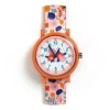 Montre fleur Ticlock Djeco, boîtier orange, bracelet tissu fleuri multicolore, cadran blanc.