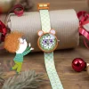 Montre raton laveur Ticlock Djeco, bracelet vert à pois blancs, boîtier orange.