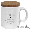 Mug blanc Maîtresse avec texte noir et couvercle en liège Marcel et Lily