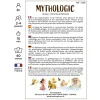 Dos de la boîte du jeu Mythologic Sentosphère avec texte multilingue et illustrations mythologiques.