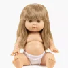 Poupée Nina Gordis 34 cm, cheveux blonds longs, corps souple, culotte blanche.