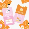 Cartes du jeu On like ou pas ? Minus, fond orange et rose, texte blanc et illustrations colorées.