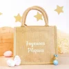 Panier en jute naturel avec inscription "Joyeuses Pâques" blanc brodé, anses rondes.