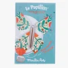Papillon en papier coloré vert, orange et beige avec motifs floraux, emballage bleu Moulin Roty