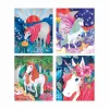 Quatre illustrations de licornes colorées avec effets 3D et nacrés, peinture Janod.