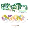 Carte Les Sauvages avec serpent, léopard, zèbre et éléphant à peindre, palettes de couleur pastel, pinceau plat bois.