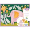 Palette de peinture avec éléphant rose et feuillages orange et verts Les Sauvages