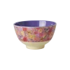 Petit bol en mélamine, extérieur fleurs rouges roses jaunes sur fond rose, intérieur violet.