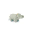 Petit hippopotame gris clair en peluche, pattes bleues, oreille jaune Moulin Roty