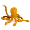 Petit poulpe en tissu moutarde avec huit tentacules souples, peluche Moulin Roty.