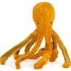 Petit poulpe en peluche orange moutarde à longues tentacules douces, Moulin Roty.