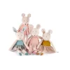 Petite peluche lapin bleu Moulin Roty en tissu doux, robe verte et oreilles longues.