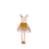 Petite peluche Souris or Moulin Roty en tissu beige, robe dorée et tutu rose pâle.