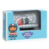 Petite voiture Space Ambulance argentée avec figurine bleue et rouge dans boîte bleue.