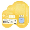 Dos de la boîte jaune en forme de tracteur, pile bleue visible, texte et codes-barres blancs.