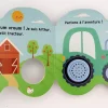 Livre sonore avec petit tracteur vert, roue activant sons, ferme et poules dessinées.